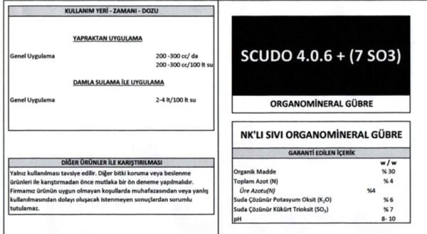 Scudo (4-0-6+7SO3) Sıvı Organomineral Gübre 1 litre